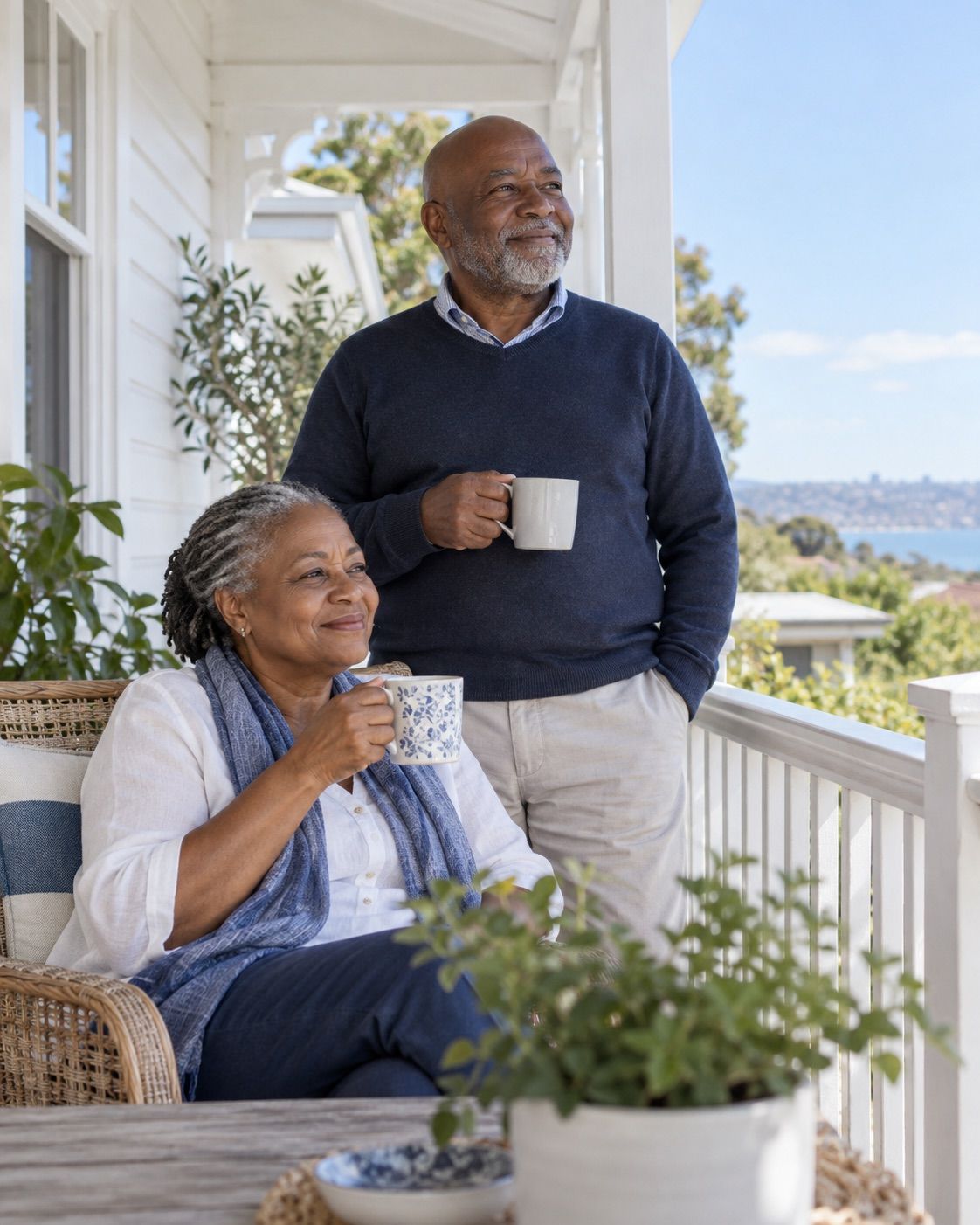 Couple enjoying coffee on their verandah
