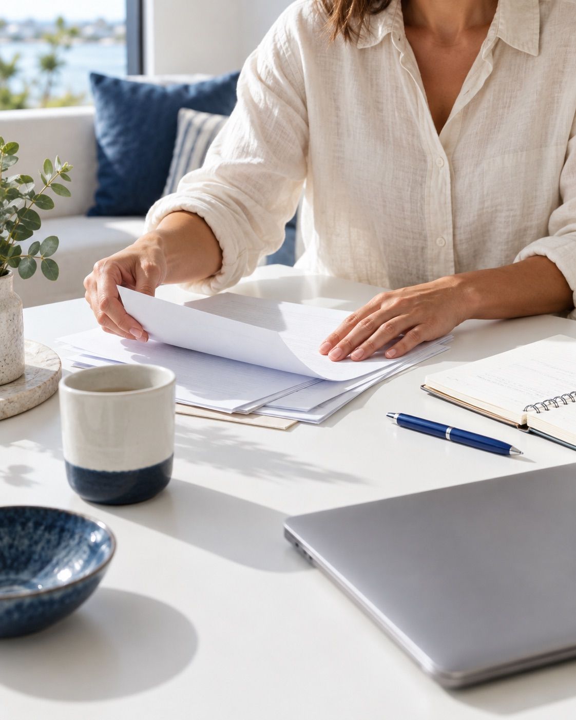 Applicant organising documents and notes at a table